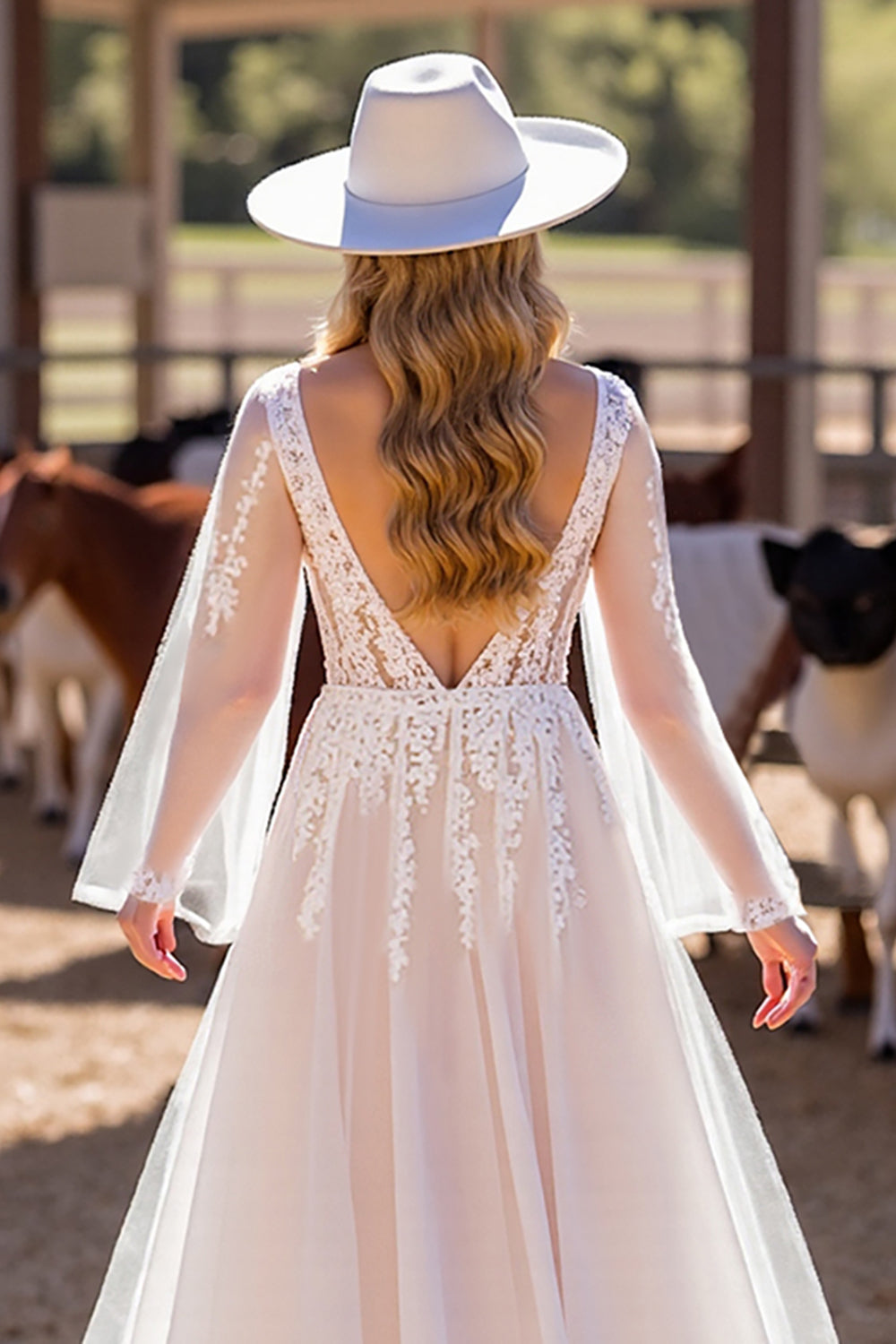White Corset Boho Long Sleeves Western Wedding Dress with Appliques