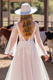 White Corset Boho Long Sleeves Western Wedding Dress with Appliques
