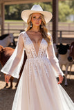 White Corset Boho Long Sleeves Western Wedding Dress with Appliques
