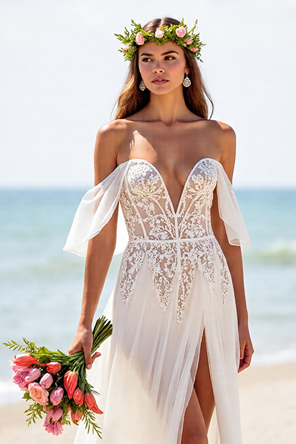 White Corset Chiffon Boho Wedding Dress with Lace