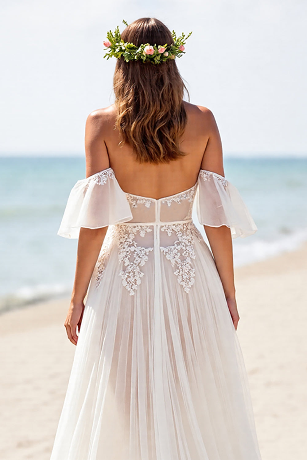 White Corset Chiffon Boho Wedding Dress with Lace