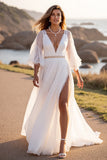 White Chiffon V-Neck Boho A Line Sweep Train Wedding Dress with Sleeves