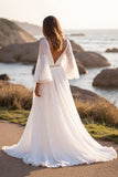 White Chiffon V-Neck Boho A Line Sweep Train Wedding Dress with Sleeves