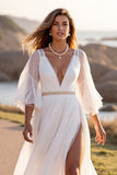 White Chiffon V-Neck Boho A Line Sweep Train Wedding Dress with Sleeves