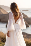 White Chiffon V-Neck Boho A Line Sweep Train Wedding Dress with Sleeves