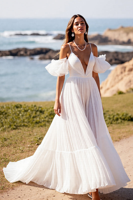 White V-Neck Puff Sleeves Sweep Train Wedding Dress