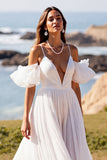 White V-Neck Puff Sleeves Sweep Train Wedding Dress