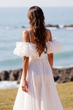 White V-Neck Puff Sleeves Sweep Train Wedding Dress
