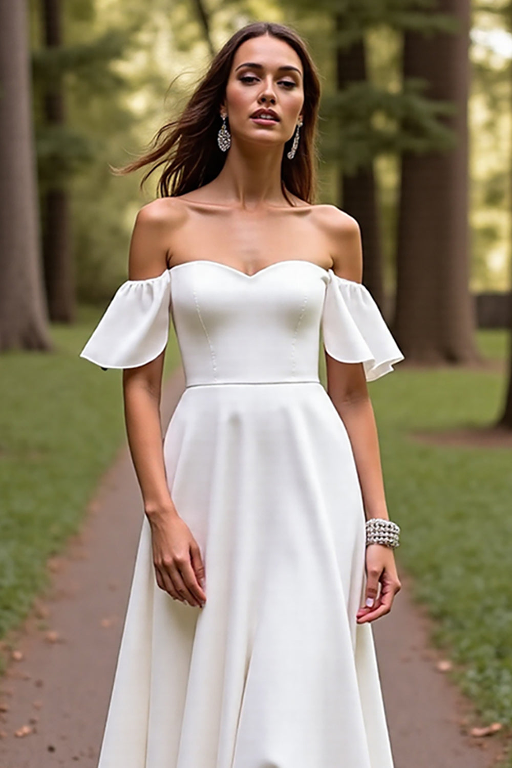 White Satin Off the Shoulder Sweep Train Wedding Dress with Sleeves
