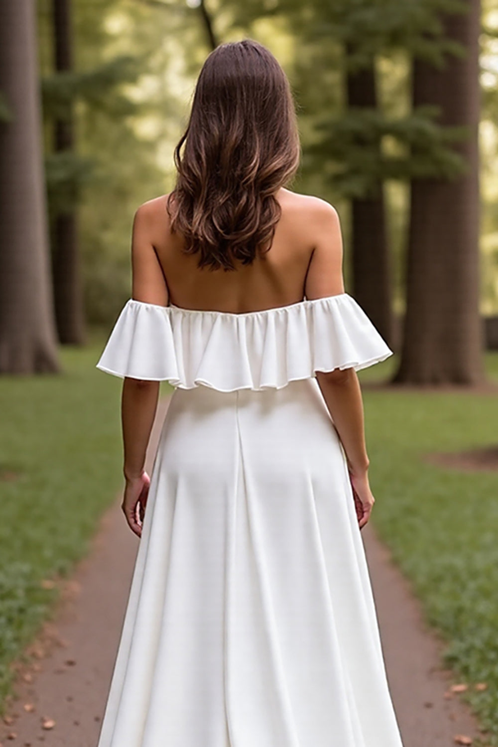 White Satin Off the Shoulder Sweep Train Wedding Dress with Sleeves