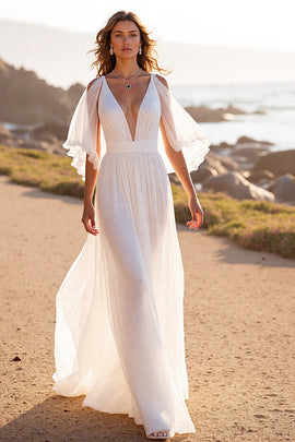 Deep V-Neck White Chiffon Boho Sweep Train Wedding Dress with Ruffles