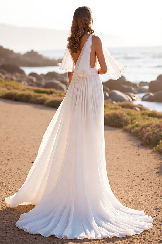 Deep V-Neck White Chiffon Boho Sweep Train Wedding Dress with Ruffles