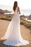 Deep V-Neck White Chiffon Boho Sweep Train Wedding Dress with Ruffles