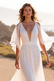 Deep V-Neck White Chiffon Boho Sweep Train Wedding Dress with Ruffles