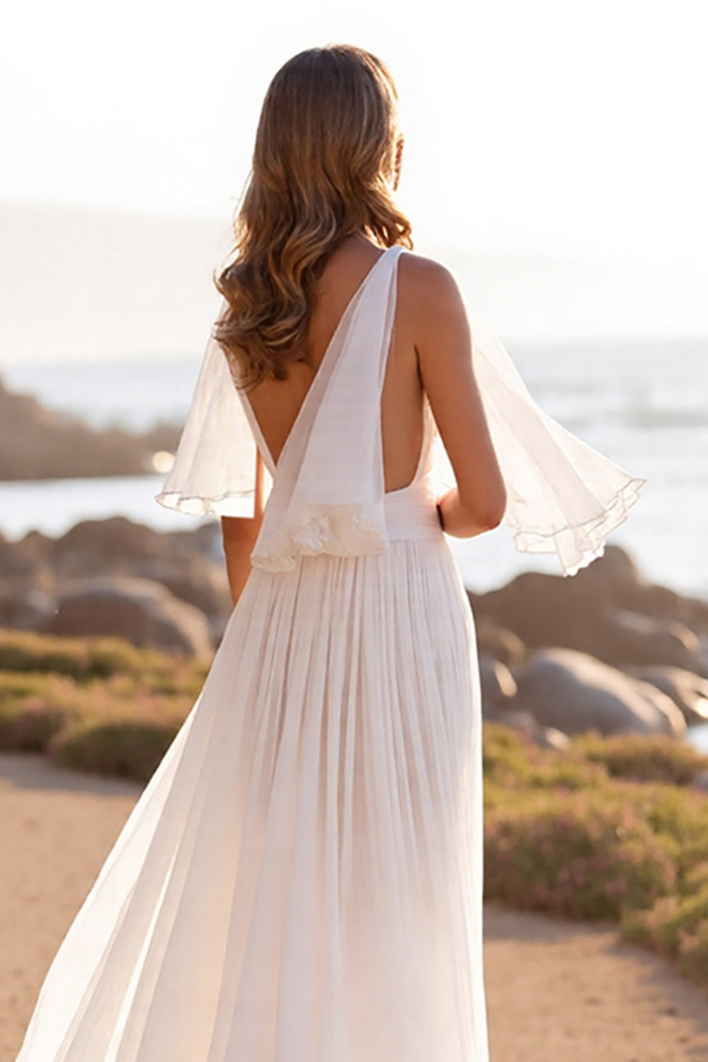 Deep V-Neck White Chiffon Boho Sweep Train Wedding Dress with Ruffles