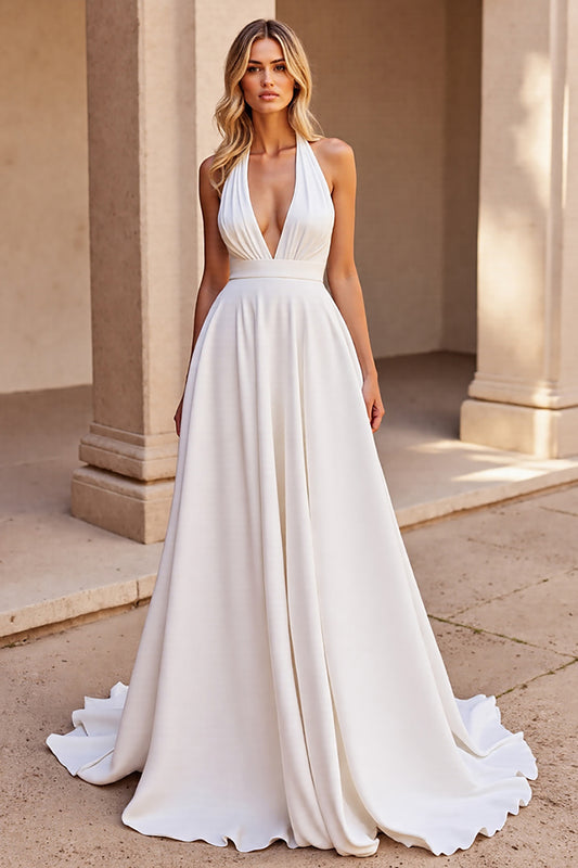 Satin White Halter A Line Sweep Train Wedding Dress