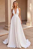 Satin White Halter A Line Sweep Train Wedding Dress