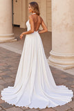 Satin White Halter A Line Sweep Train Wedding Dress