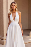 Satin White Halter A Line Sweep Train Wedding Dress