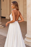 Satin White Halter A Line Sweep Train Wedding Dress