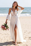 Chiffon White Spaghetti Straps Boho Sweep Train Wedding Dress with Sleeves