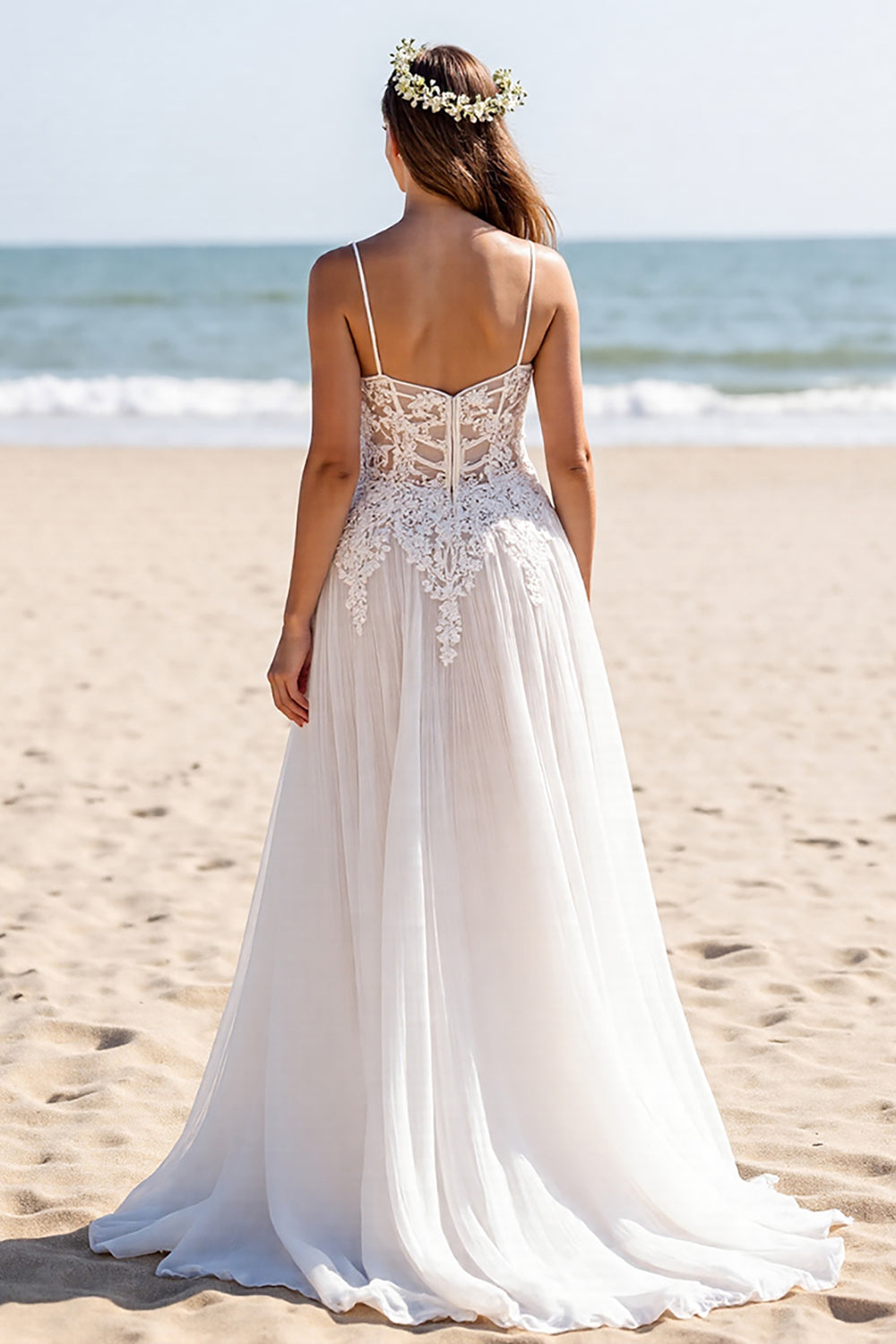 Chiffon White Spaghetti Straps Boho Sweep Train Wedding Dress with Sleeves