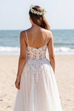 Chiffon White Spaghetti Straps Boho Sweep Train Wedding Dress with Sleeves