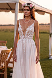 Spaghetti Straps White Boho Sweep Train Wedding Dress with Lace