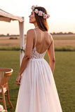 Spaghetti Straps White Boho Sweep Train Wedding Dress with Lace