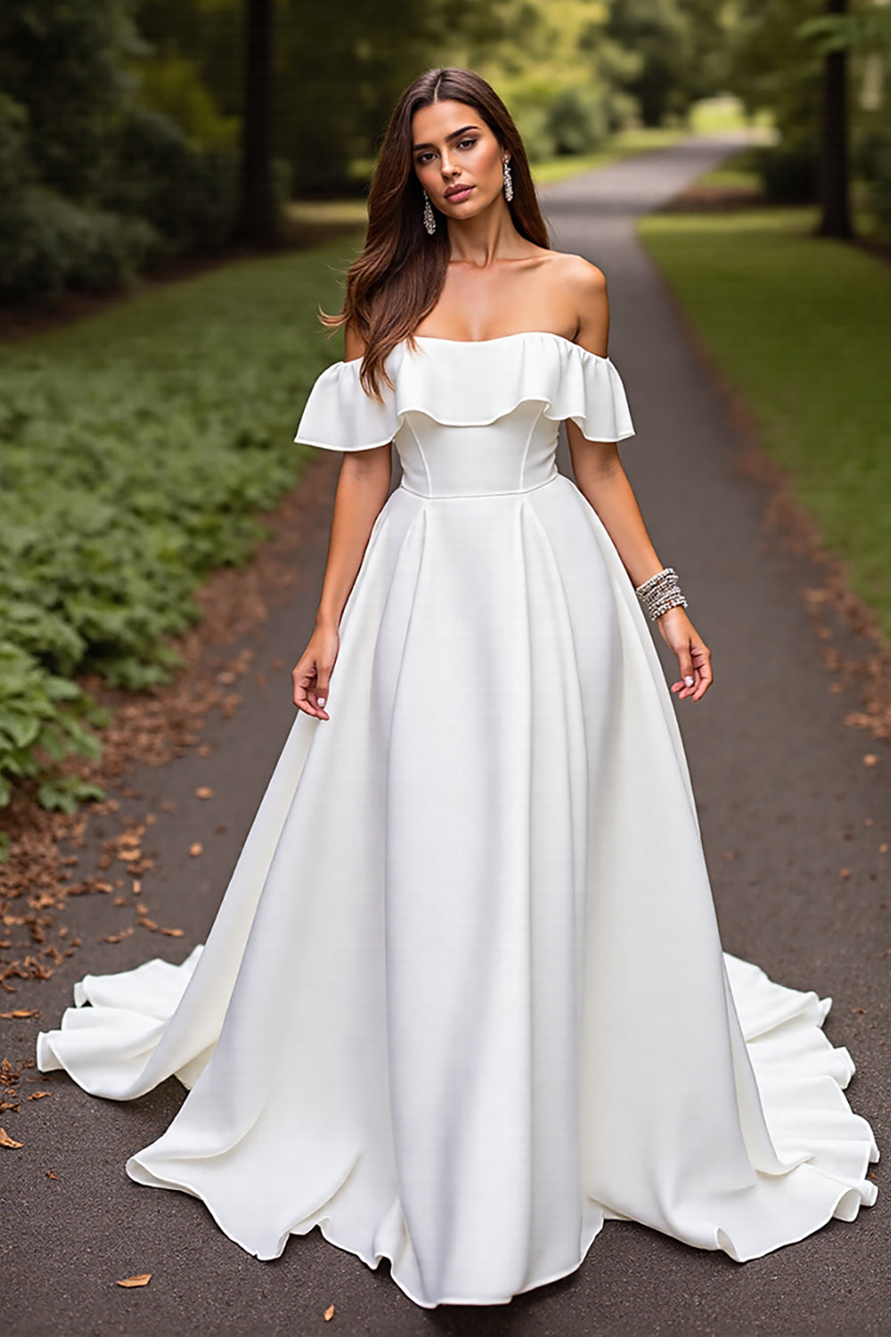 Satin A Line White Off the Shoulder Sweep Train Wedding Dress