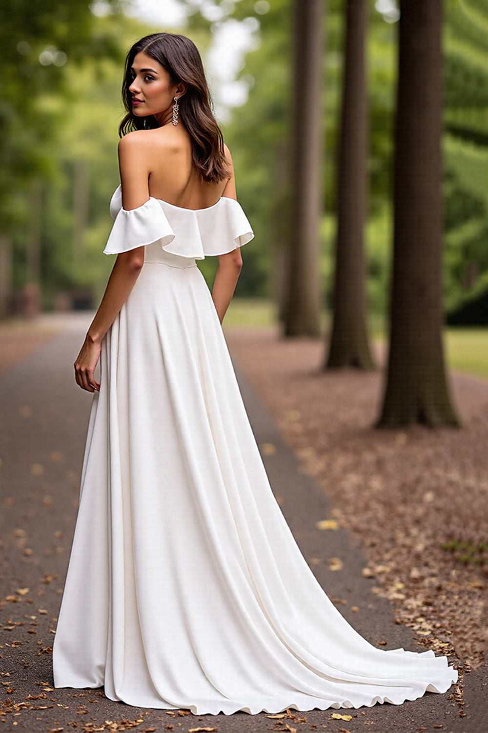 Satin A Line White Off the Shoulder Sweep Train Wedding Dress
