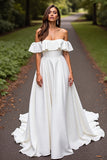 Satin A Line White Off the Shoulder Sweep Train Wedding Dress