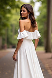 Satin A Line White Off the Shoulder Sweep Train Wedding Dress
