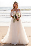 Chiffon White Cold Shoulder Sweep Train Wedding Dress with Lace