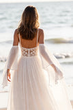 Chiffon White Cold Shoulder Sweep Train Wedding Dress with Lace