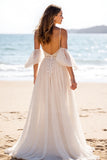 Boho Chiffon White A Line Sweep Train Wedding Dress with Slit