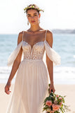 Boho Chiffon White A Line Sweep Train Wedding Dress with Slit