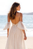 Boho Chiffon White A Line Sweep Train Wedding Dress with Slit