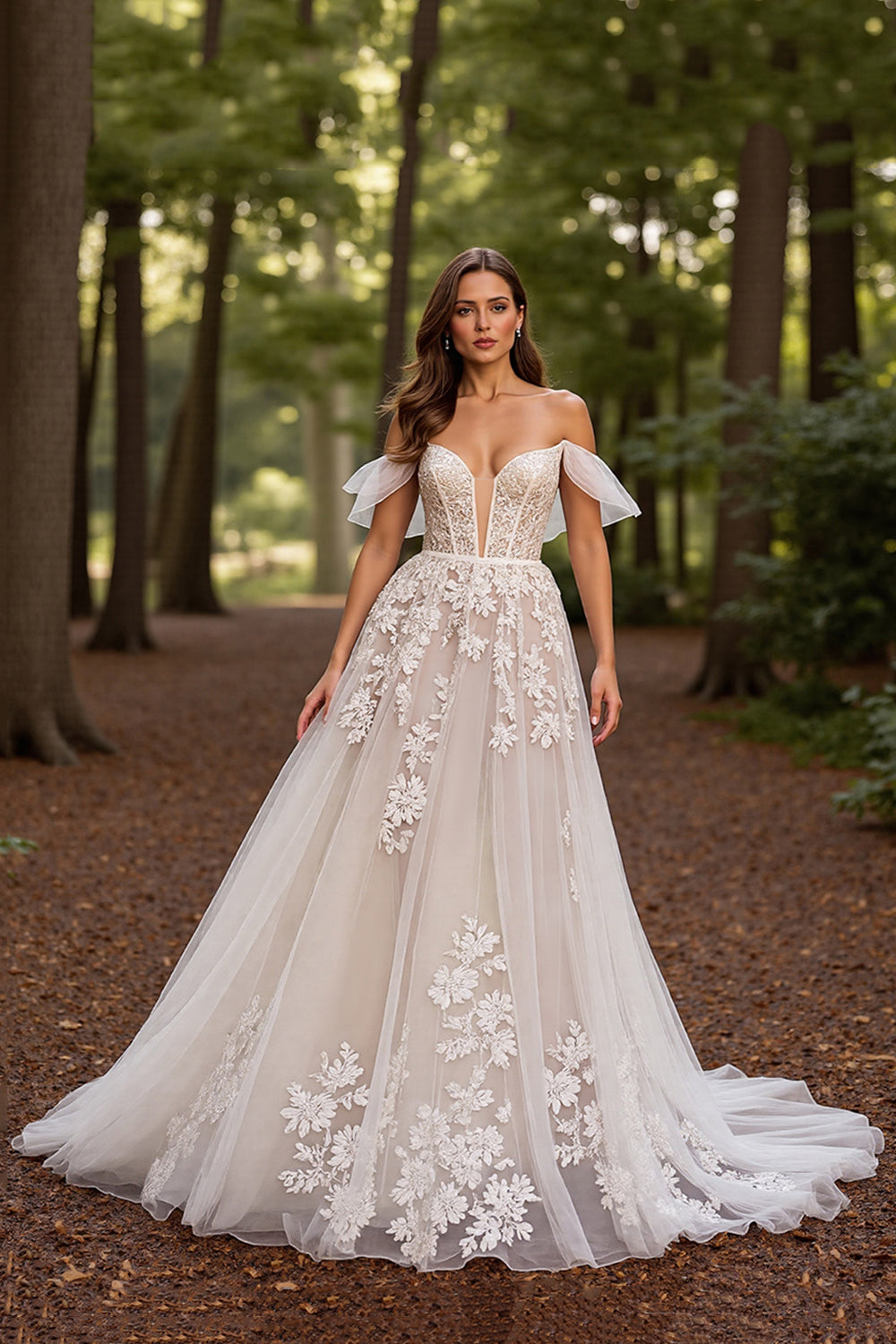White Floral Tulle Corset Sweep Train Wedding Dress with Lace