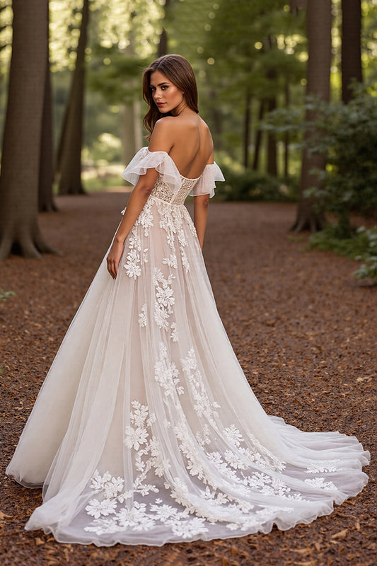 White Floral Tulle Corset Sweep Train Wedding Dress with Lace