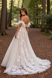 White Floral Tulle Corset Sweep Train Wedding Dress with Lace