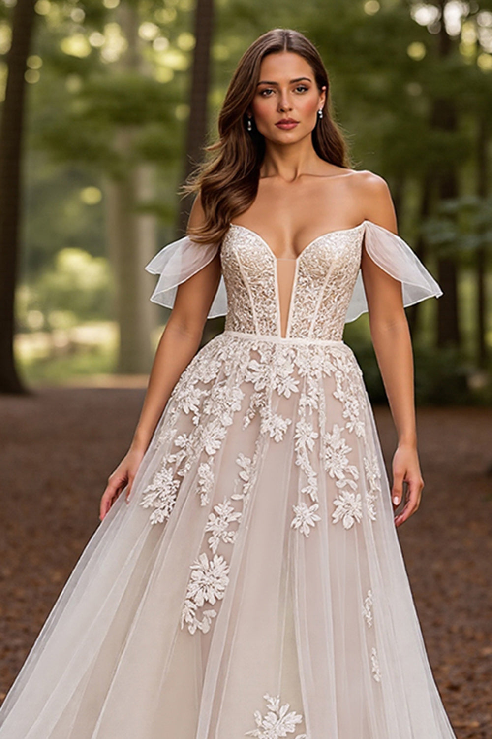 White Floral Tulle Corset Sweep Train Wedding Dress with Lace
