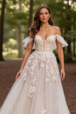 White Floral Tulle Corset Sweep Train Wedding Dress with Lace