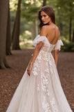 White Floral Tulle Corset Sweep Train Wedding Dress with Lace