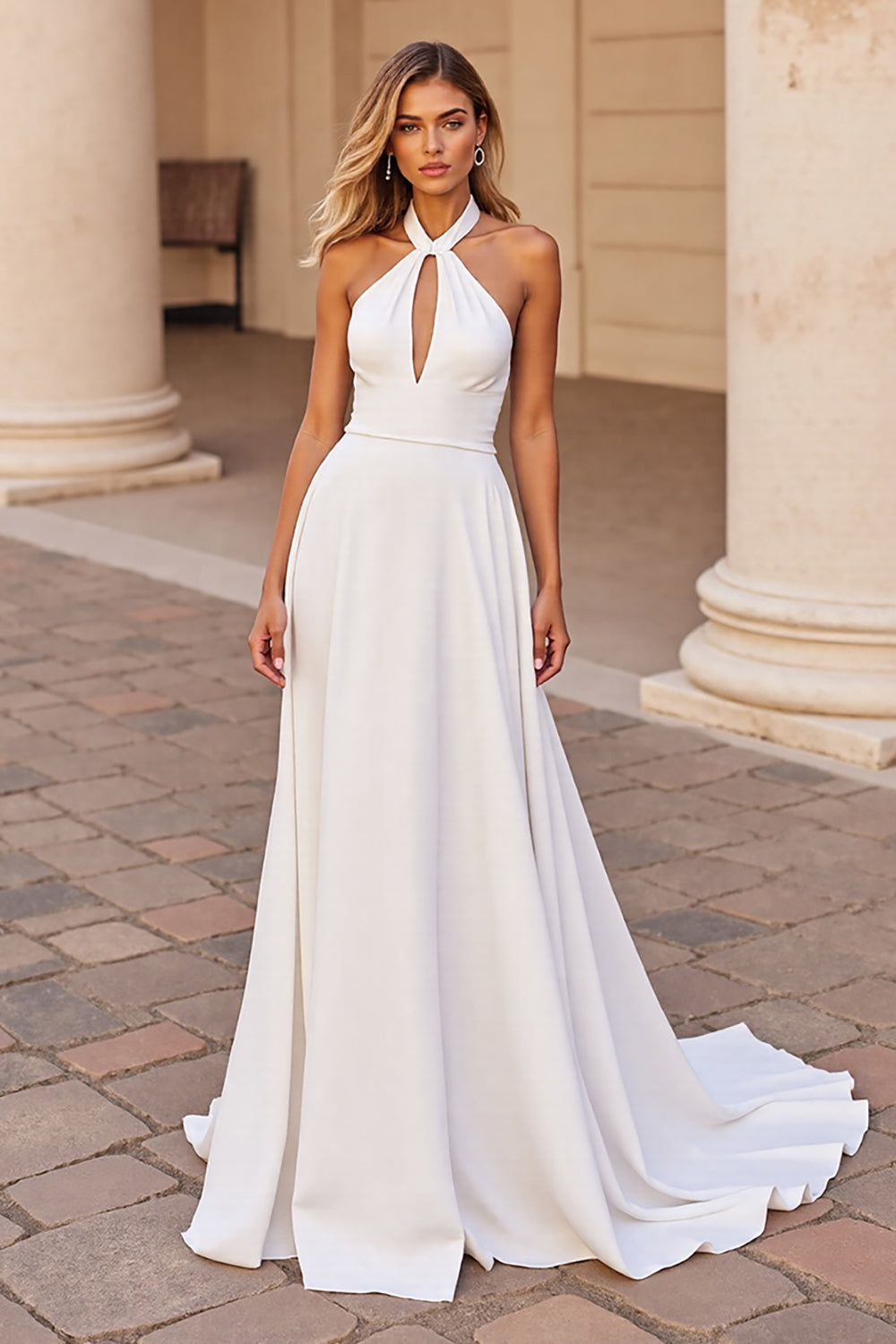 Satin White Halter Sweep Train Wedding Dress with Keyhole