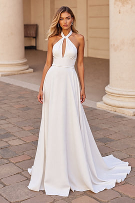 Satin White Halter Sweep Train Wedding Dress with Keyhole