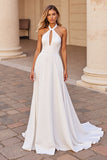 Satin White Halter Sweep Train Wedding Dress with Keyhole