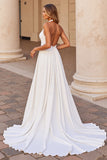 Satin White Halter Sweep Train Wedding Dress with Keyhole