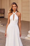 Satin White Halter Sweep Train Wedding Dress with Keyhole