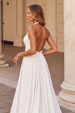 Satin White Halter Sweep Train Wedding Dress with Keyhole